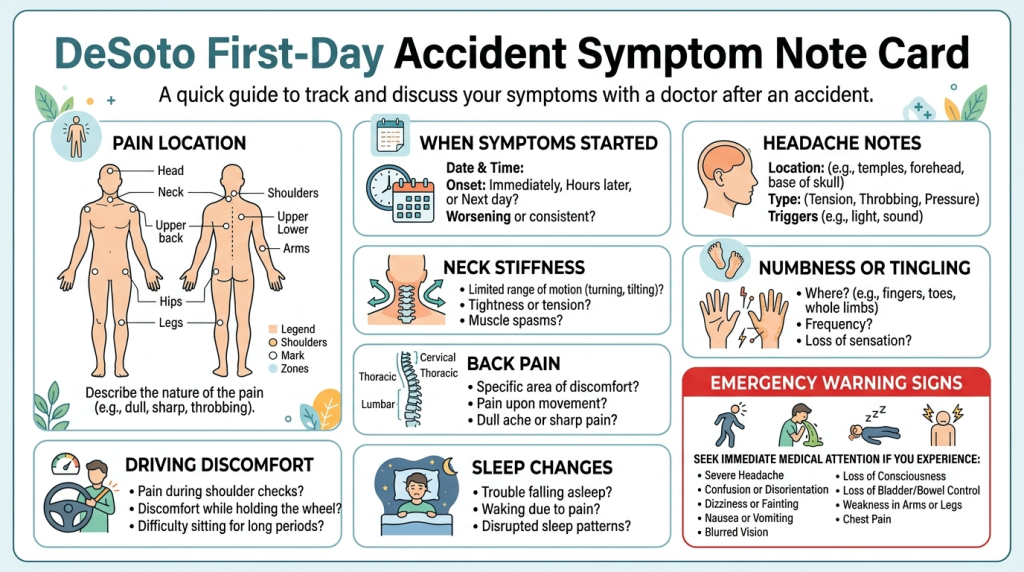 DeSoto first-day accident symptom note card