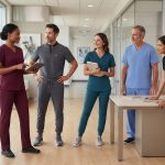 Healthcare professionals comparing different medical scrub fits and fabrics