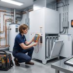 Professional HVAC maintenance on a residential heating and cooling system