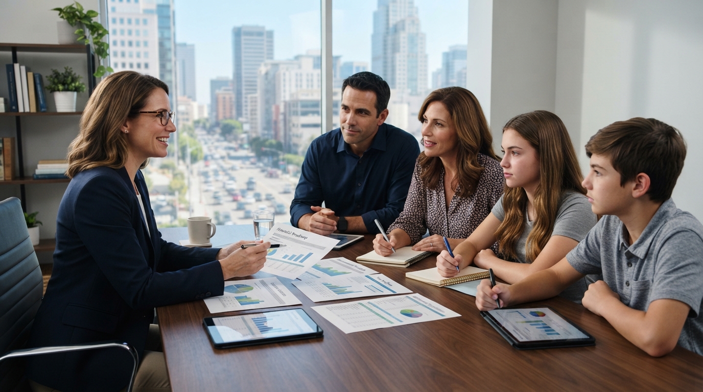 Family reviewing comprehensive financial planning strategy with advisor