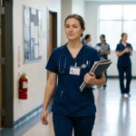 Nursing student wearing approved scrubs and carrying clinical supplies in a healthcare training hallway