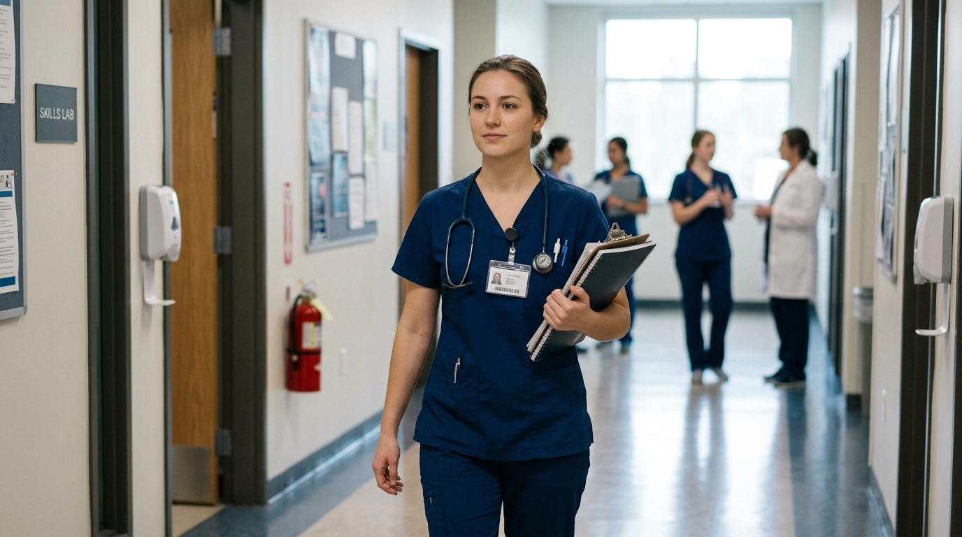 Nursing student wearing approved scrubs and carrying clinical supplies in a healthcare training hallway